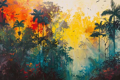 Kleurrijk regenwoud met vogels en bomen