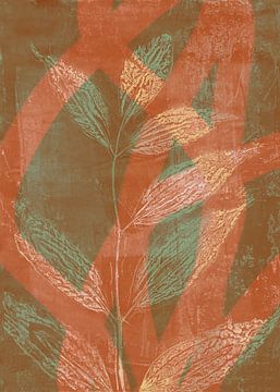 Abstracte retro botanische kunst in terra en groen. Bladeren. van Dina Dankers