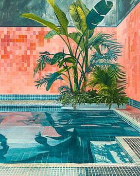 Zomer aan het Zwembad: Een Kleurrijk Portret in Hockney-stijl