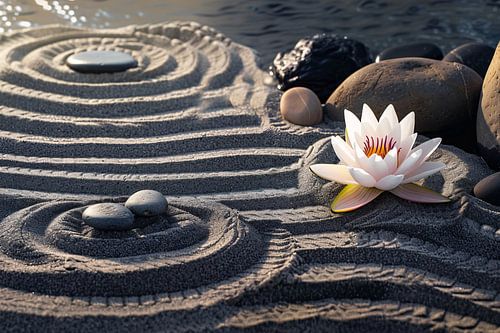 Zen tuin met bloem en stenen