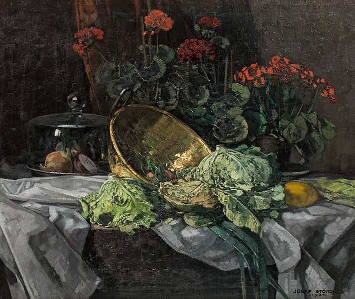 Stilleben mit Geranien, Gemüse und Käseglocke, JOSEF STOITZNER, 1921 von Atelier Liesjes