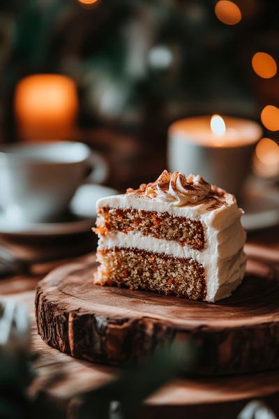 Köstliches Stück Sahnetorte auf Holzplatte von Poster Art Shop