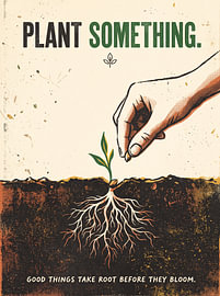 Plant iets moois – Goede dingen schieten eerst wortel voordat ze bloeien – Motiverend retro botanisch grafisch ontwerp van Riswan Ratta