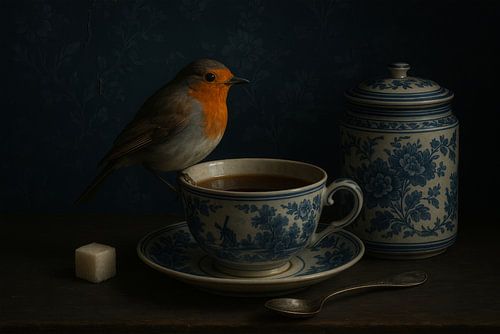 Teezeit mit Rotkehlchen - Stillleben in Delfter Blau