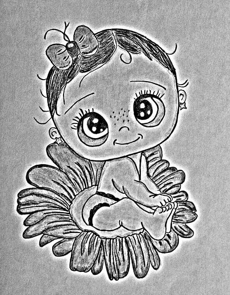 Mädchen sitzt auf einer Blume (Zeichnung) von Jose Lok