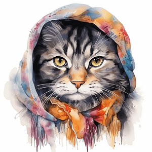 Porträt einer Katze in Wasserfarbe gemalt mit Buntem Kopftuch auf weißen Hintergrund