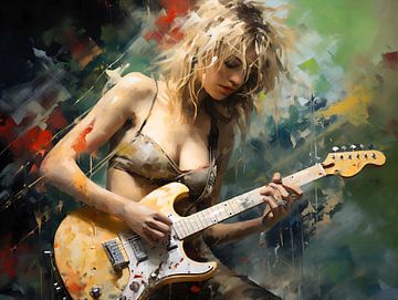 Sexy blonde dame met gitaar | Portret. Muur Kunst. Digitale Deco Muur Kunst. Acryl van ColorWorldwide