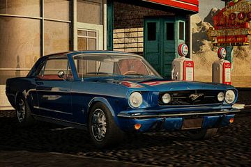 Ford Mustang 1964 GT bij een oud benzinestation