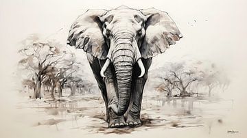 pentekening van een olifant van Gelissen Artworks