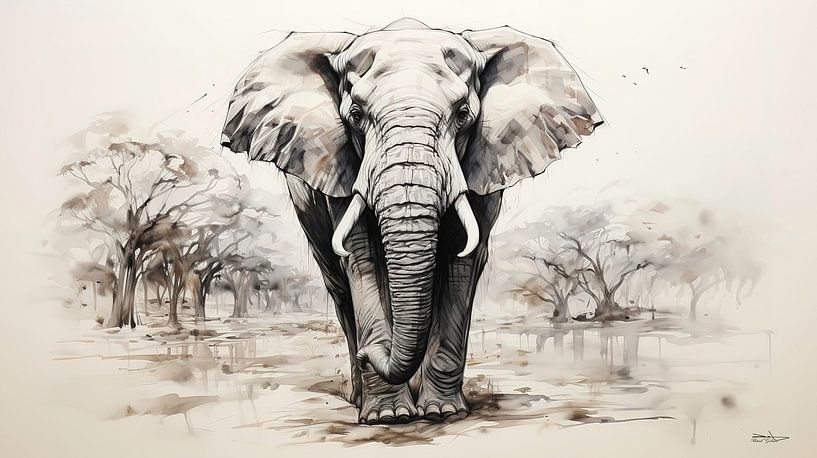 dessin à la plume d'un éléphant par Gelissen Artworks