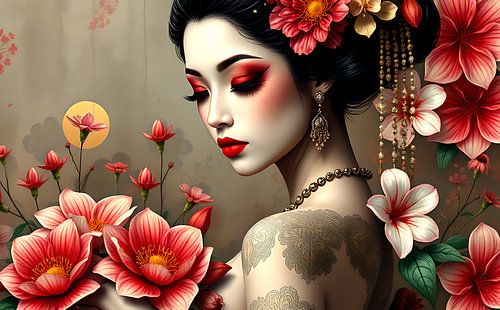 Geisha oosterse vrouw met bloemen