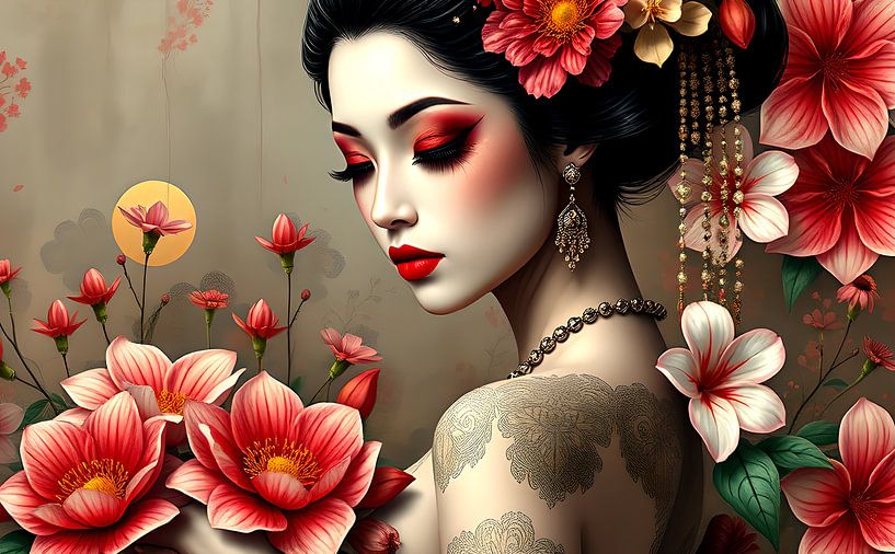 Geisha orientale avec des fleurs par Egon Zitter