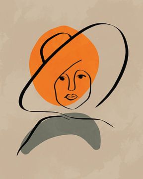 Vrouw met hoed lijn tekening met vormen in oranje en groen van Tanja Udelhofen