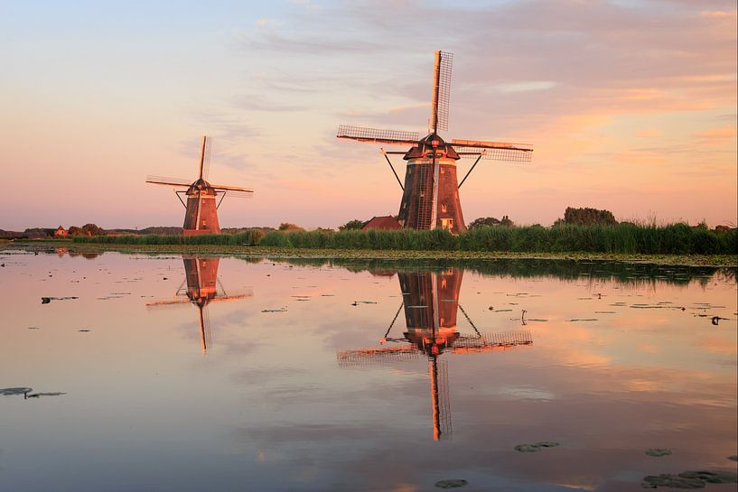 Reflet de deux moulins à vent traditionnels dans l'eau au coucher du soleil par iPics Photography