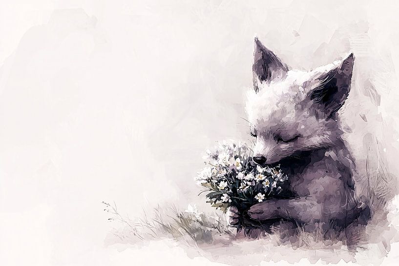 Fuchs mit Blumen in Aquarell von Imperial Art House