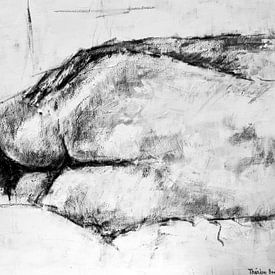 Schilderij van een liggende naakte man in zwart wit. van Therese Brals