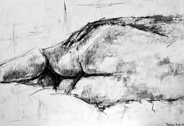 Gemälde eines liegenden nackten Mannes in Schwarz-Weiß. von Therese Brals
