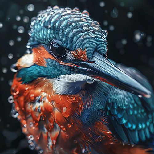 Kingfisher close-up with water droplets sketch digital art