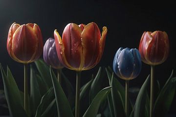 Tulpenpracht met waterdruppels in kleur van De Muurdecoratie