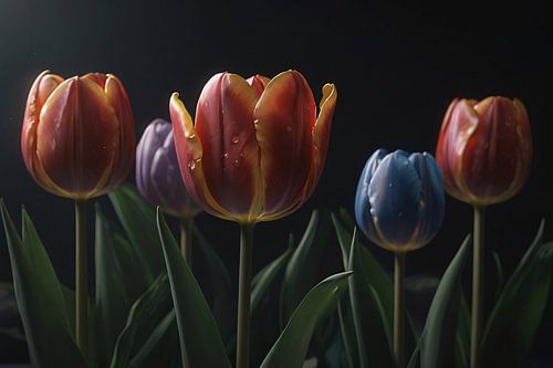 Tulpenpracht met waterdruppels in kleur