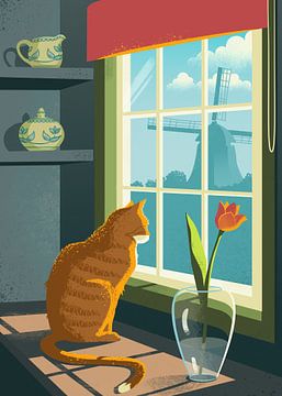 Un chat roux regarde par la fenêtre sur Eduard Broekhuijsen