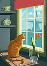 Un chat roux regarde par la fenêtre par Eduard Broekhuijsen Aperçu