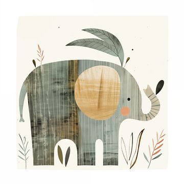 Illustration d'un éléphant et de fleurs dans des couleurs calmes sur TheXclusive Art