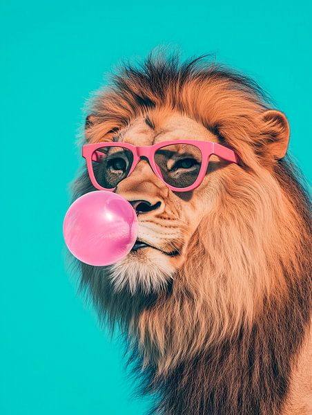 Tough lion with chewing gum and pink glasses by Richards Fine Art