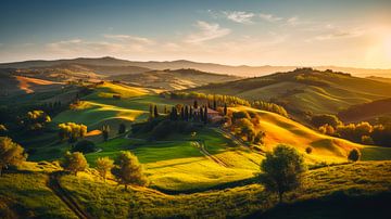 Paysage toscan avec collines ondulantes, coucher de soleil sur René van den Berg