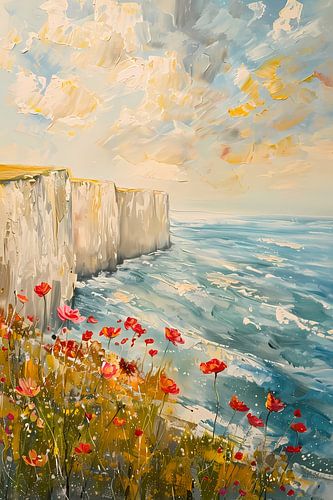 Witte kliffen en bloemen aan zee