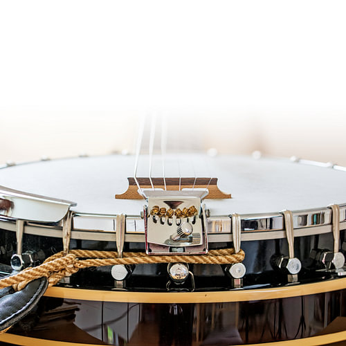 Detail eines Banjos, eines Country-Musikinstruments, weißer Hintergrund, ausgewählter Fokus und enge