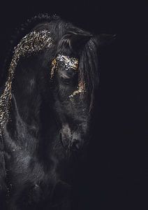 Portrait d'art d'un cheval frison avec de l'or sur Shirley van Lieshout