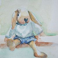 Hare, knitted toy stuffed animal in watercolour paint