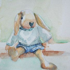 Hare, knitted toy stuffed animal in watercolour paint by Helga van der Wielen