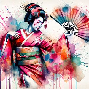 Vibrant Geisha With Rainbow Hand Fan