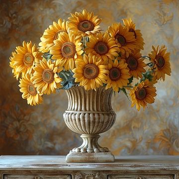 Klassiek stilleven met stralende zonnebloemen van Felix Brönnimann