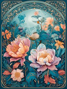 Elegantes Jugendstil-Stillleben mit Pfingstrosen in Türkis und Gold