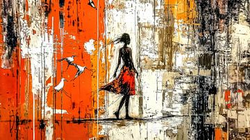 Vrouw met vogels in abstracte beweging van Frank Heinz
