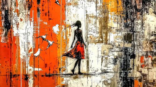 Vrouw met vogels in abstracte beweging
