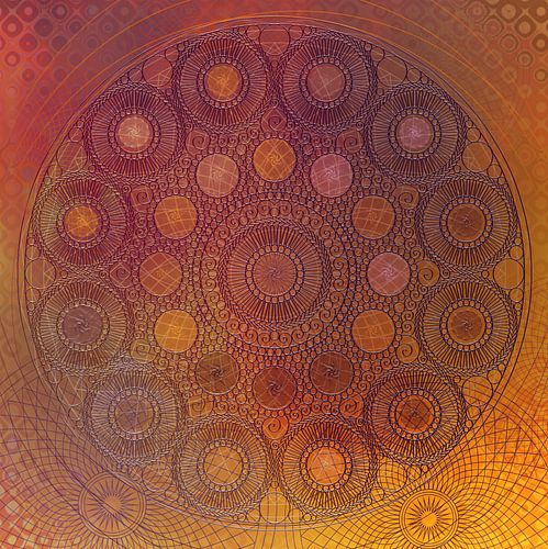 Mandala van cirkels in oranje geel met reliëf van Rietje Bulthuis
