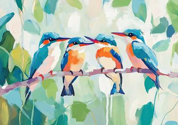 Kleurrijke Vogels | Vrolijke Vogelgroep in de Tuin van Blikvanger Schilderijen