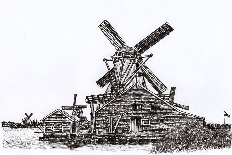 Drawing Zaanse Schans Mills Holland by Hendrik-Jan Kornelis
