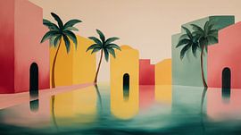 Palmen in einer pastellfarbenen Stadt – abstraktes Panorama