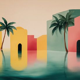 Palmen in einer pastellfarbenen Stadt – abstraktes Panorama von TheXclusive Art