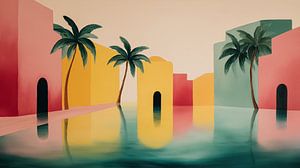 Palmbomen in pastel stad abstract panorama
