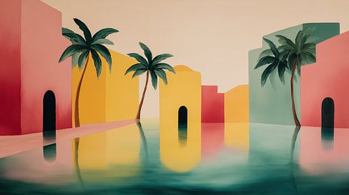 Palmbomen in pastel stad abstract panorama