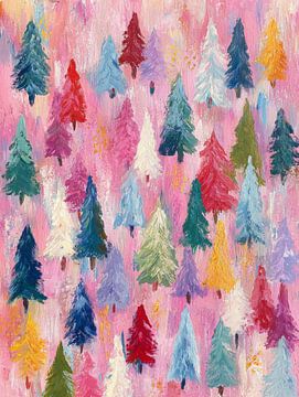 Cheerful winter forest in rainbow colours