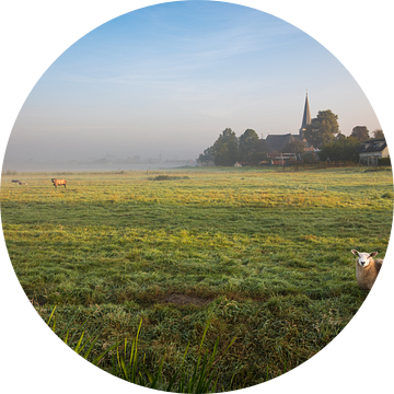 Hollands nevelig landschap met grazendeschapen en een typisch nederlandse wolkenlucht. Wout Kok One2 van Wout Kok