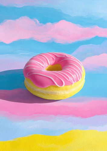 Donut in roze en geel tegen een pastelkleurige lucht