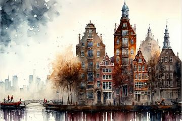 Amsterdam stadsgezicht architectuur schilderij. van AVC Photo Studio